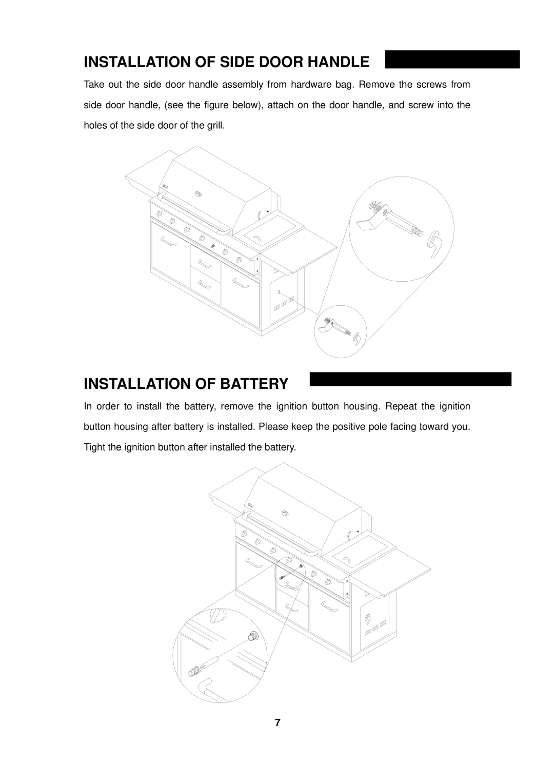 Nexgrill 720-0050-LP manual Installation of Side Door Handle, Installation of Battery 