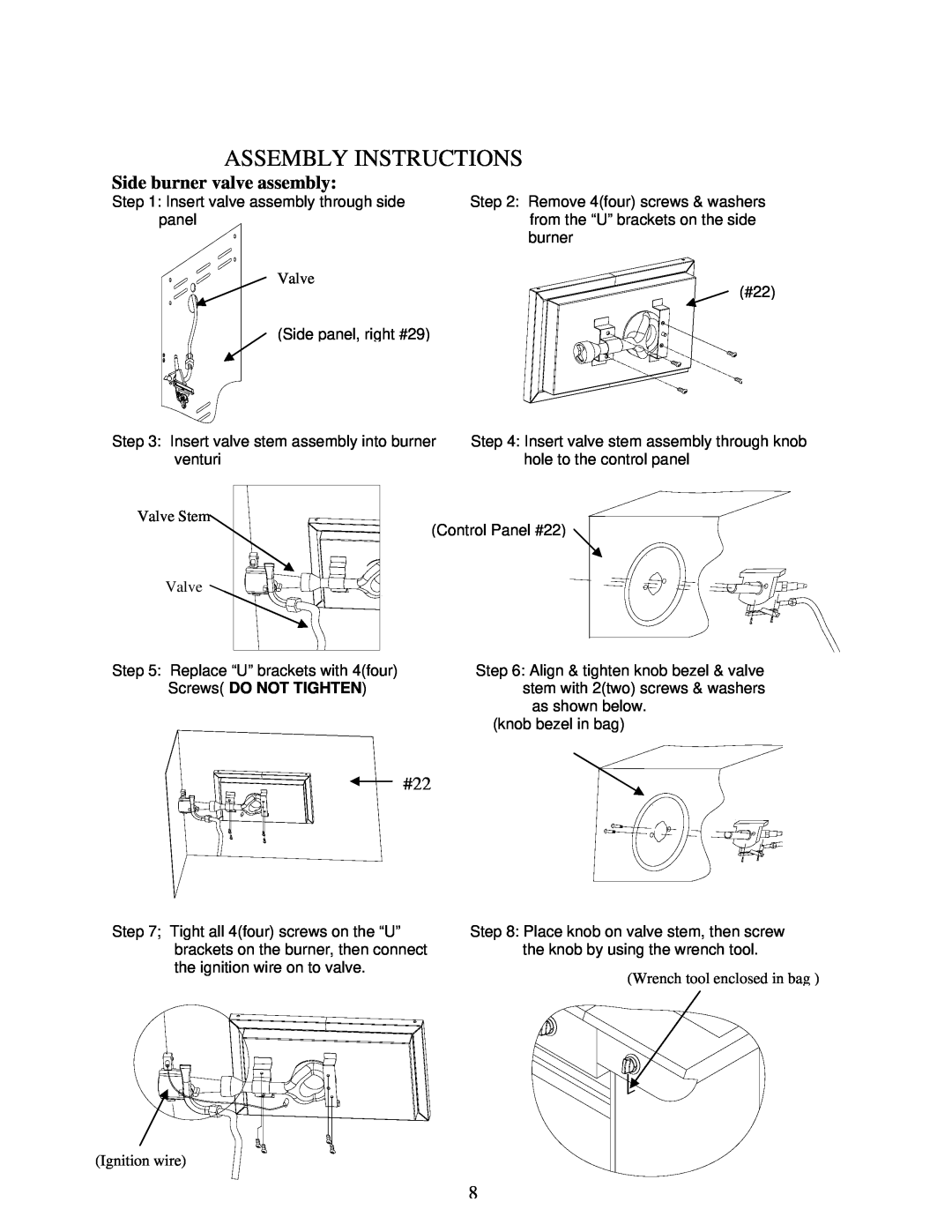 Nexgrill 720-0125-LP manual Assembly Instructions, Side burner valve assembly, Screws DO NOT TIGHTEN 