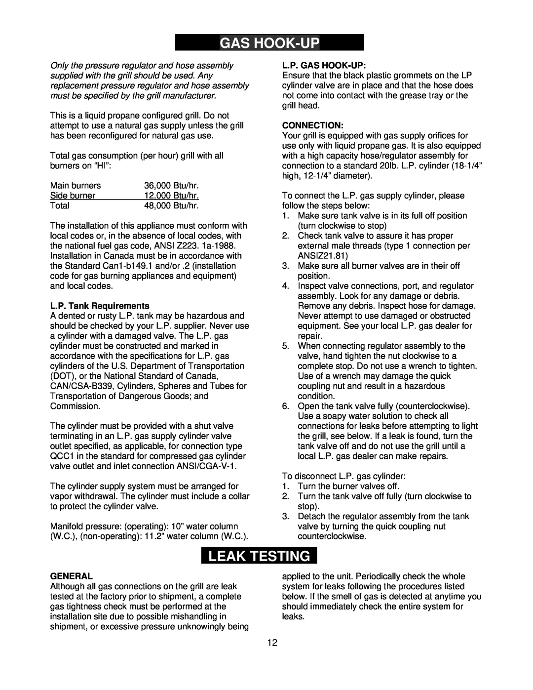 Nexgrill 720-0125-LP manual Leak Testing, L.P. Tank Requirements, L.P. Gas Hook-Up, Connection, General 
