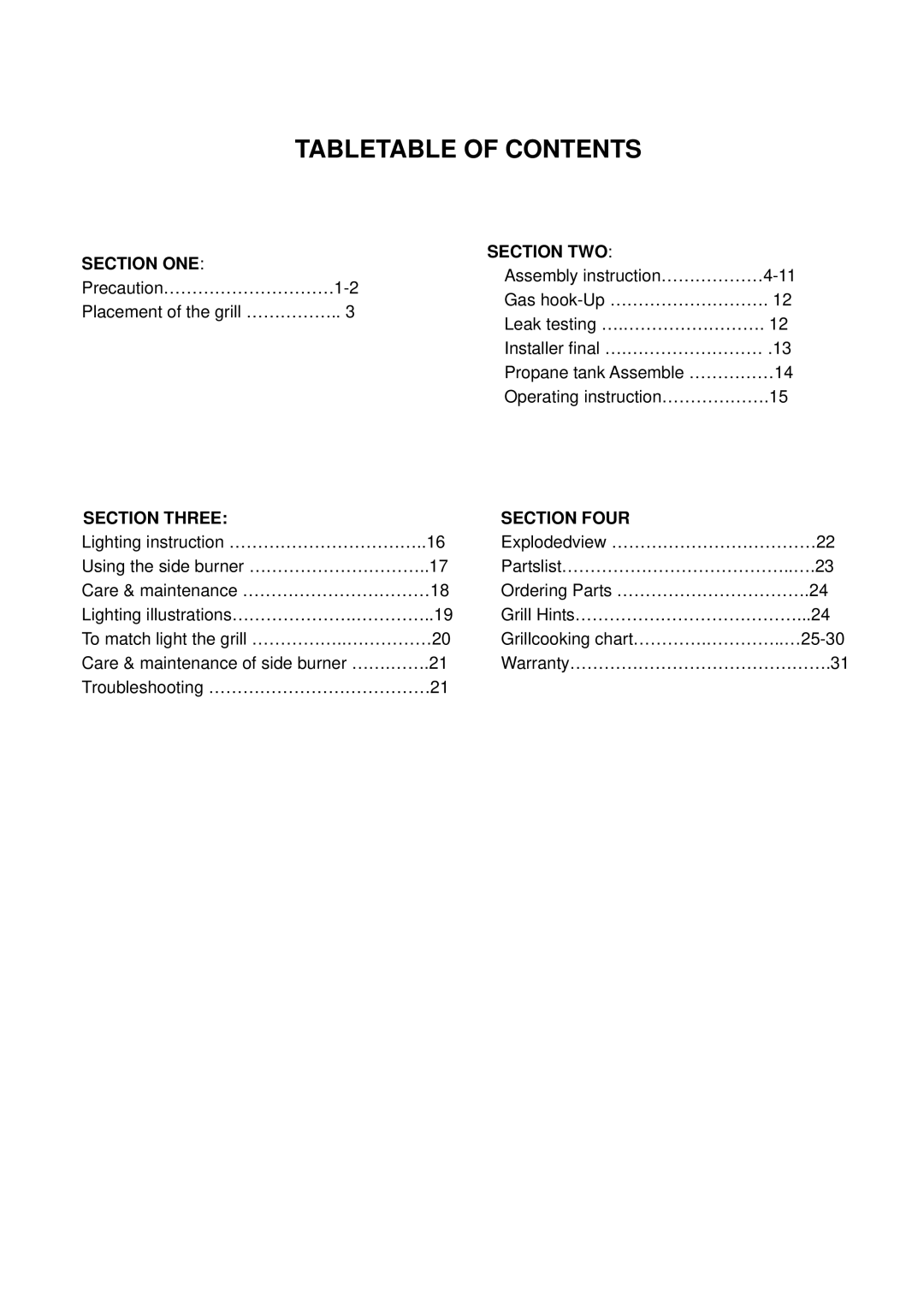 Nexgrill 720-0125-LP manual Tabletable Of Contents, Section Two, Section One, Section Three, Section Four 