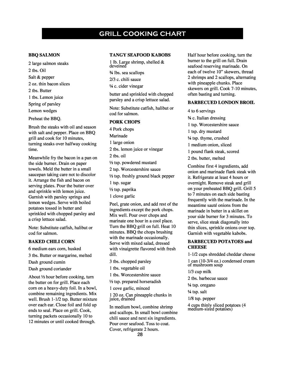 Nexgrill 720-0125-LP manual Grill Cooking Chart, Bbq Salmon, Baked Chili Corn, Tangy Seafood Kabobs, Pork Chops 