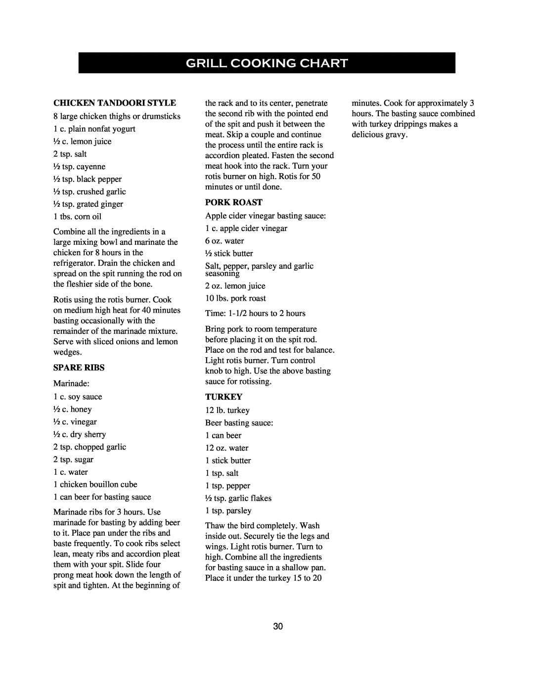 Nexgrill 720-0125-LP manual Grill Cooking Chart, Chicken Tandoori Style, Spare Ribs, Pork Roast, Turkey 