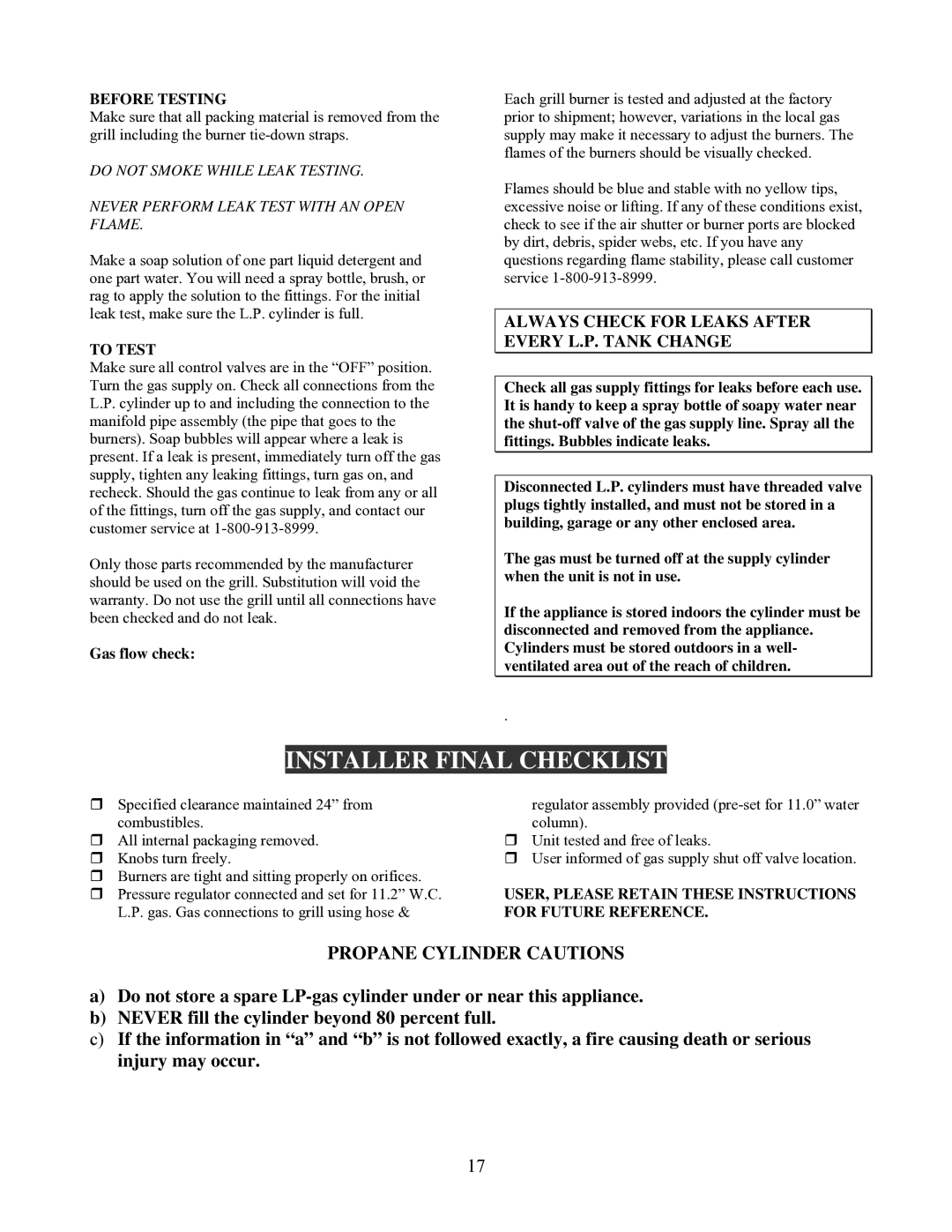 Nexgrill 720-0230 manual Installer Final Checklist, Before Testing, To Test, Gas flow check 