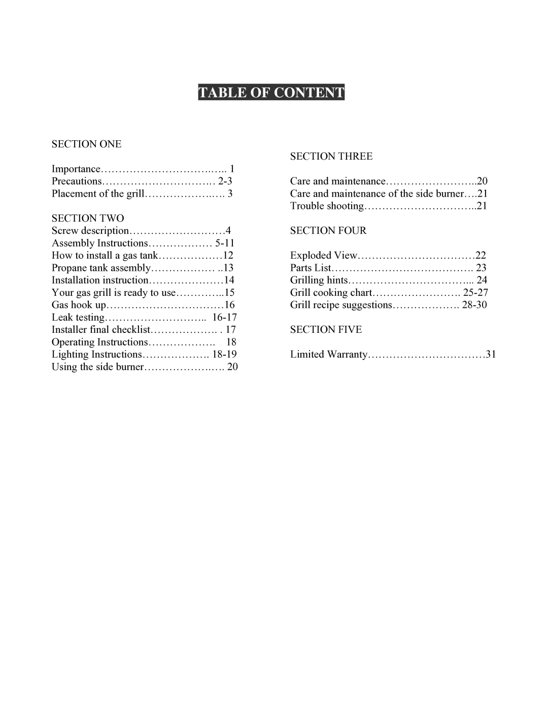 Nexgrill 720-0230 manual Table of Content, Section TWO 