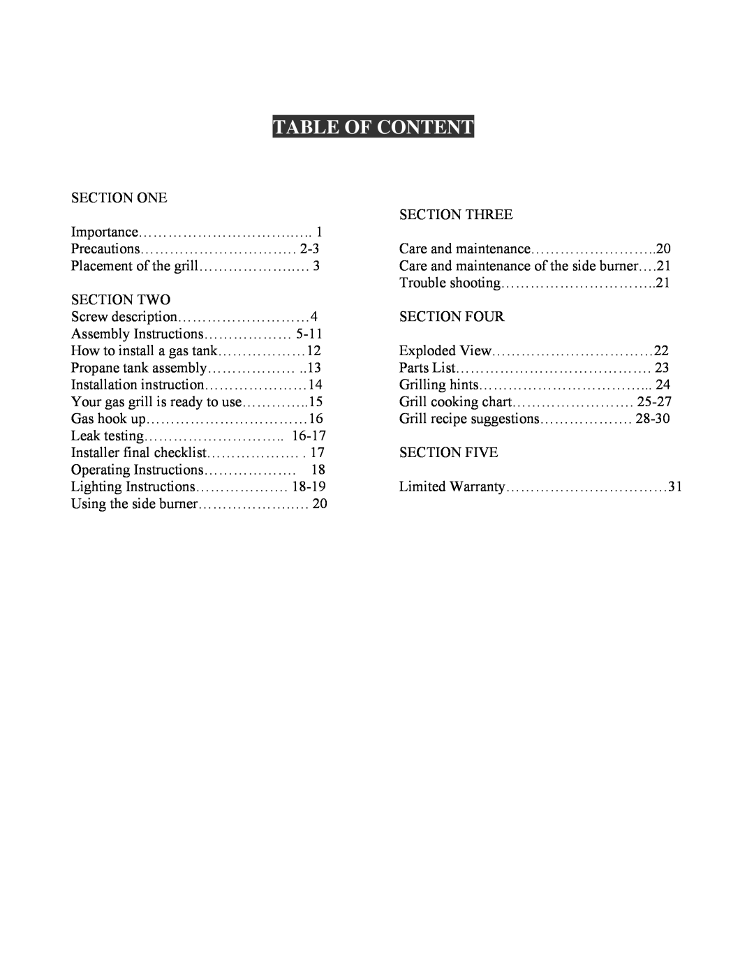 Nexgrill 720-0230 manual Table Of Content 