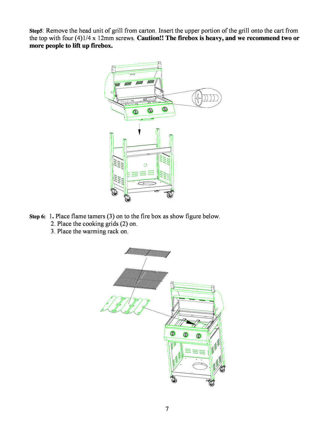 Nexgrill 720-0230 manual more people to lift up firebox, Place the cooking grids 2 on 3. Place the warming rack on 