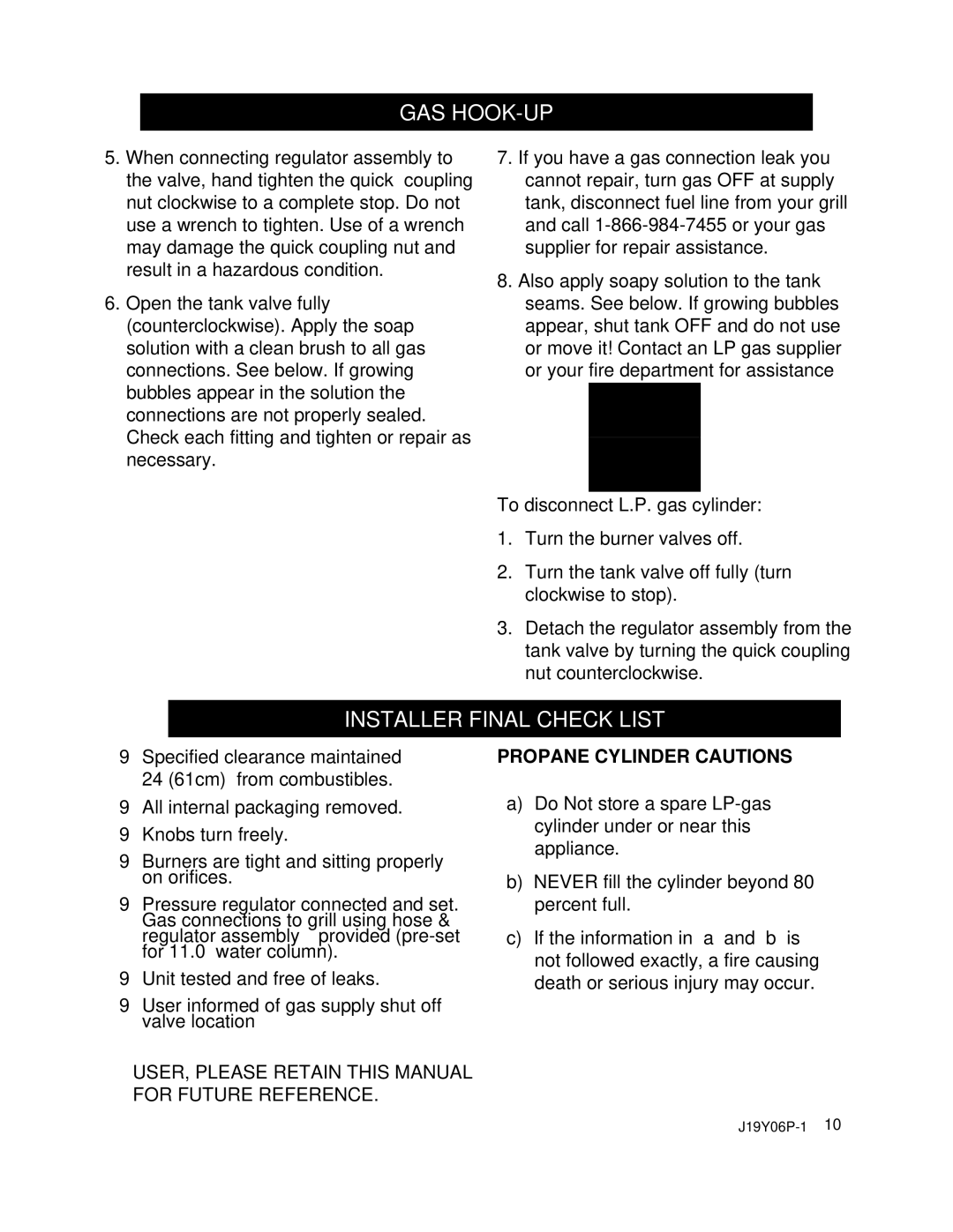 Nexgrill 720-0439 operating instructions Installer Final Check List, USER, Please Retain this Manual for Future Reference 