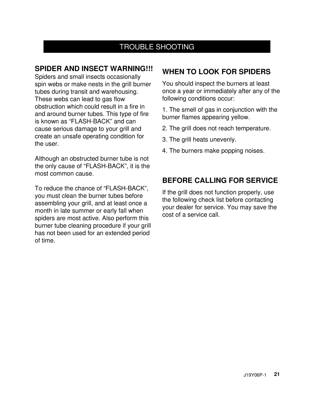 Nexgrill 720-0439 operating instructions Trouble Shooting, Spider and Insect Warning 