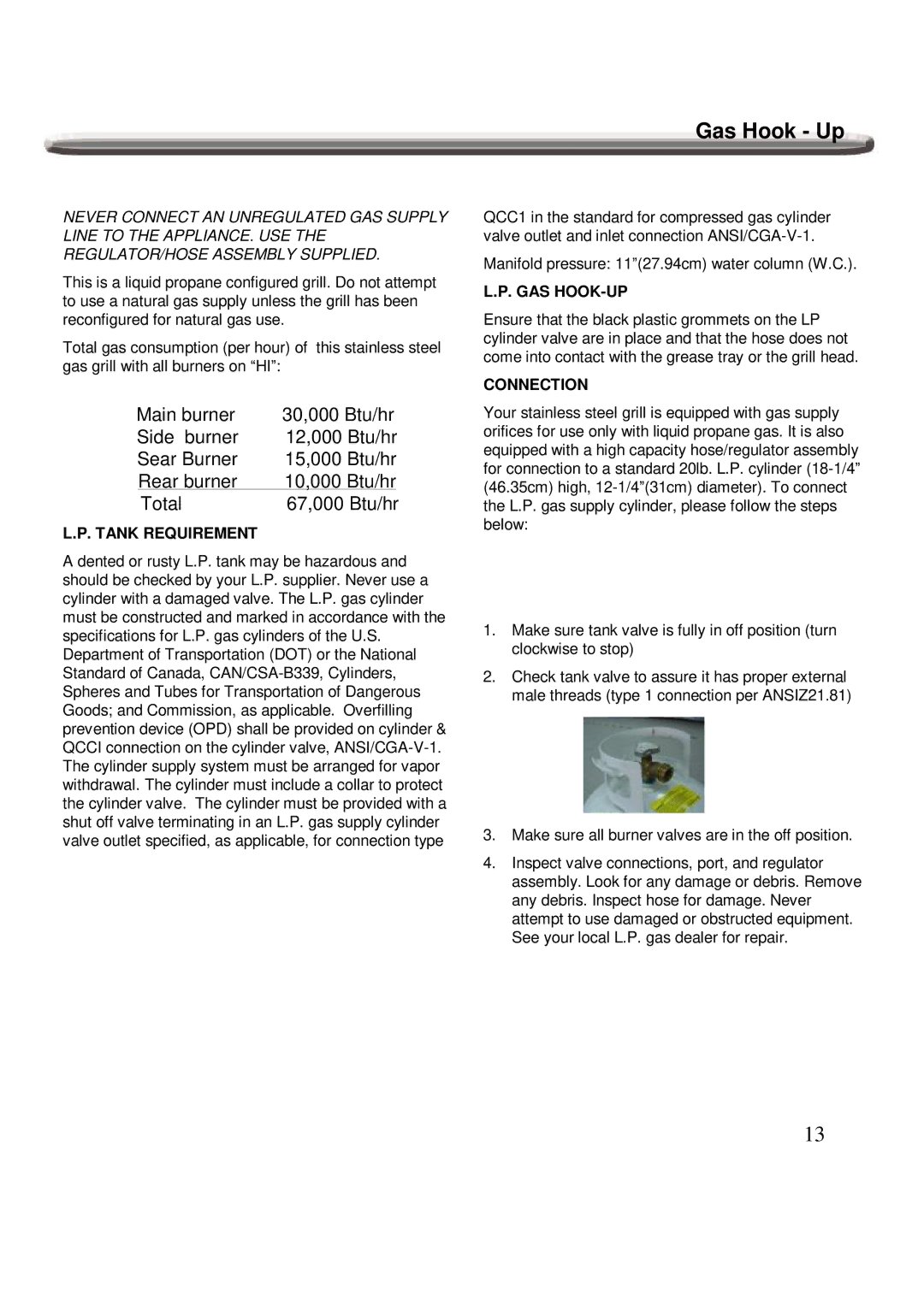 Nexgrill 720-0600 operating instructions Gas Hook Up, Tank Requirement, Gas Hook-Up, Connection 