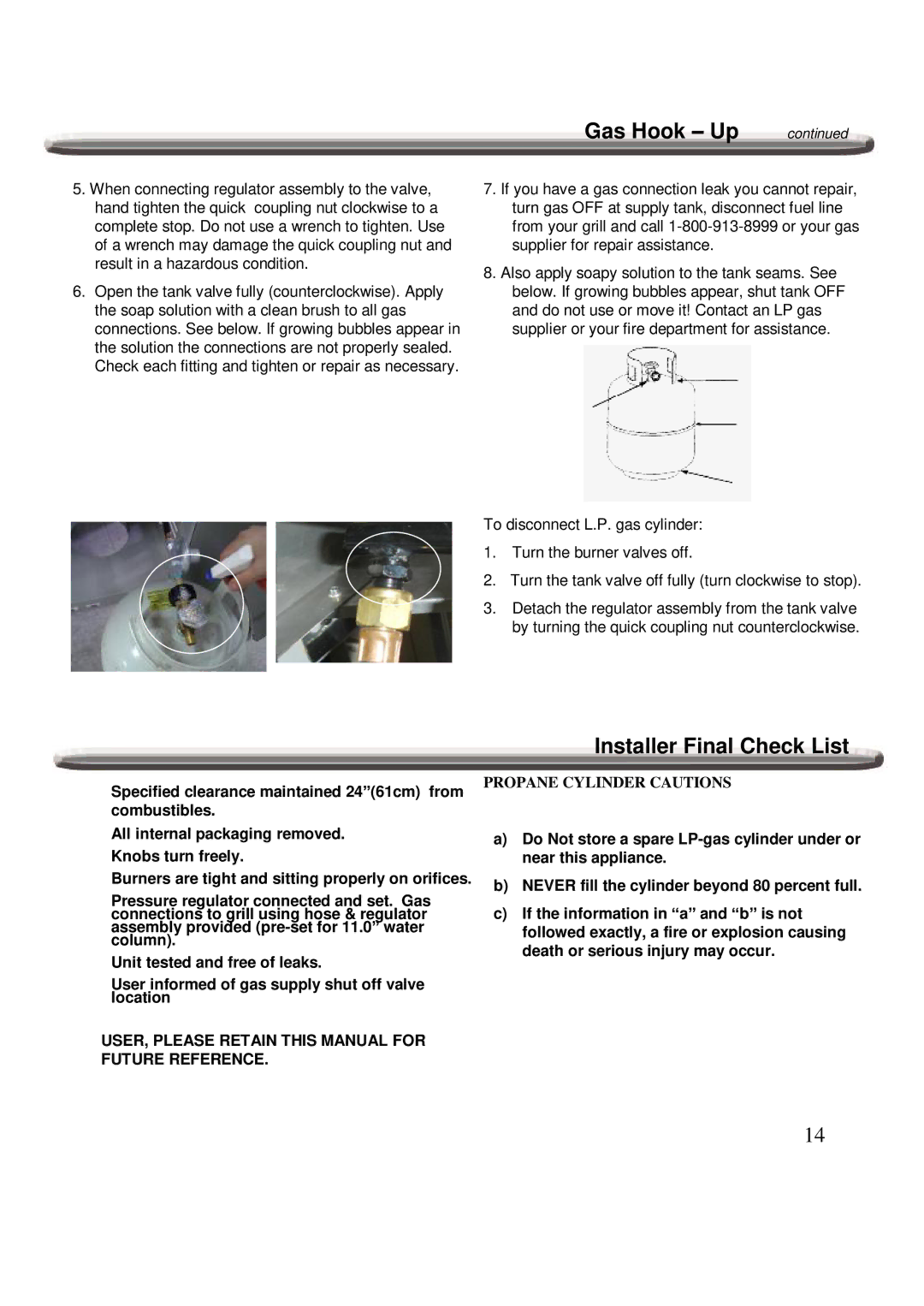 Nexgrill 720-0600 operating instructions Installer Final Check List, USER, Please Retain this Manual for Future Reference 