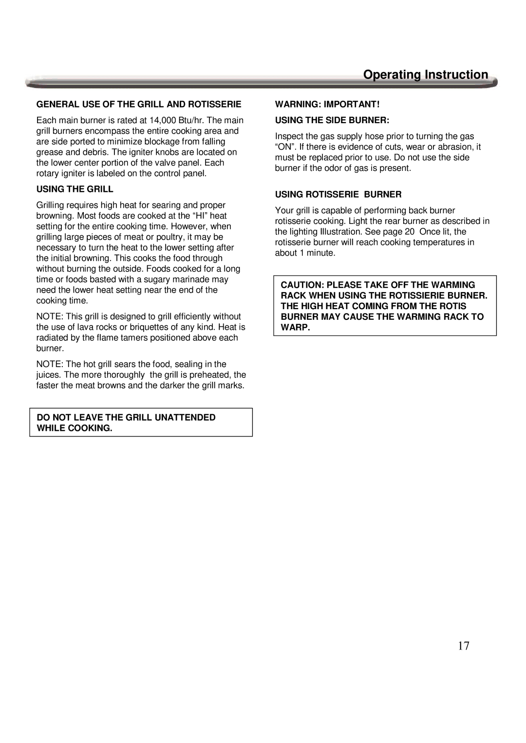 Nexgrill 720-0600 operating instructions Operating Instruction 