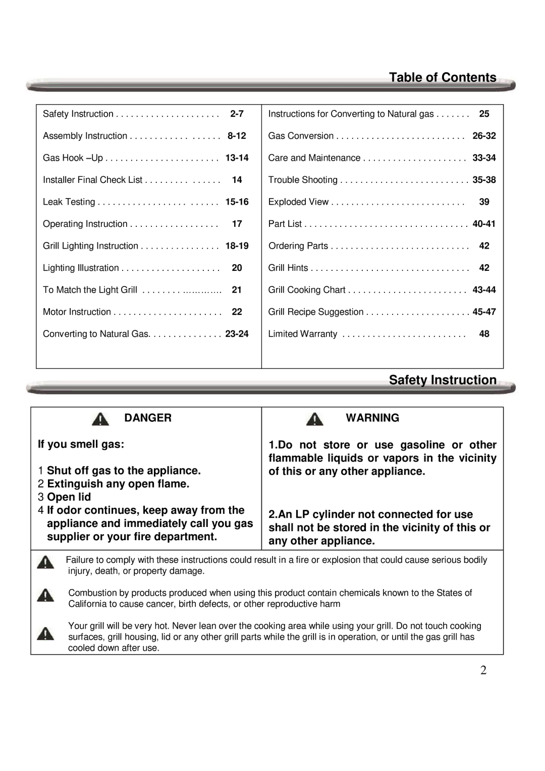 Nexgrill 720-0600 operating instructions Table of Contents, Safety Instruction 