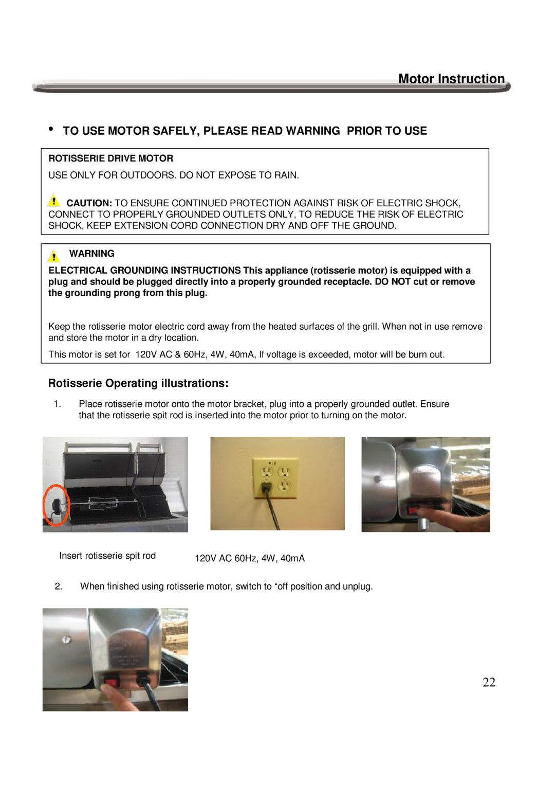 Nexgrill 720-0600 operating instructions Motor Instruction, To USE Motor SAFELY, Please Read Warning Prior to USE 