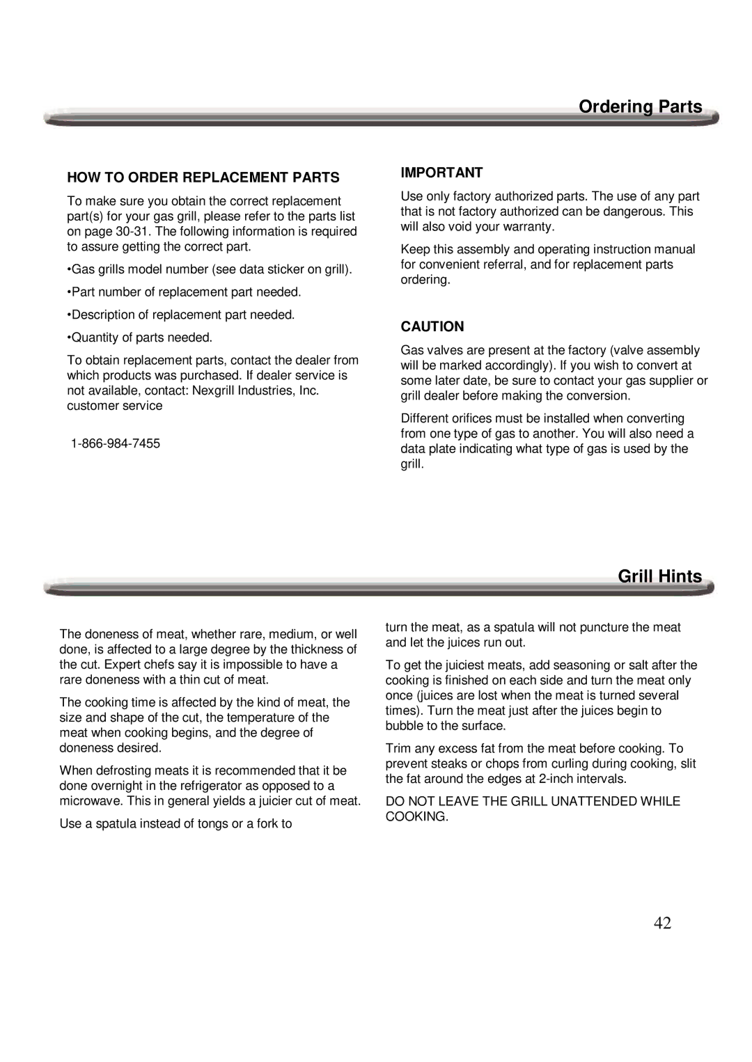 Nexgrill 720-0600 operating instructions Ordering Parts, Grill Hints 