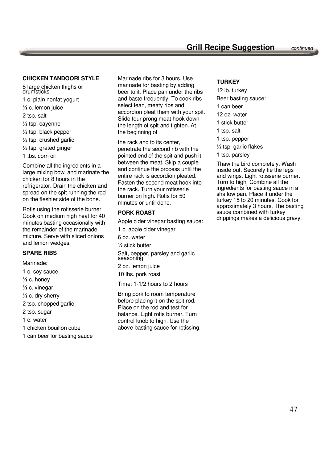 Nexgrill 720-0600 operating instructions Chicken Tandoori Style, Spare Ribs, Pork Roast, Turkey 