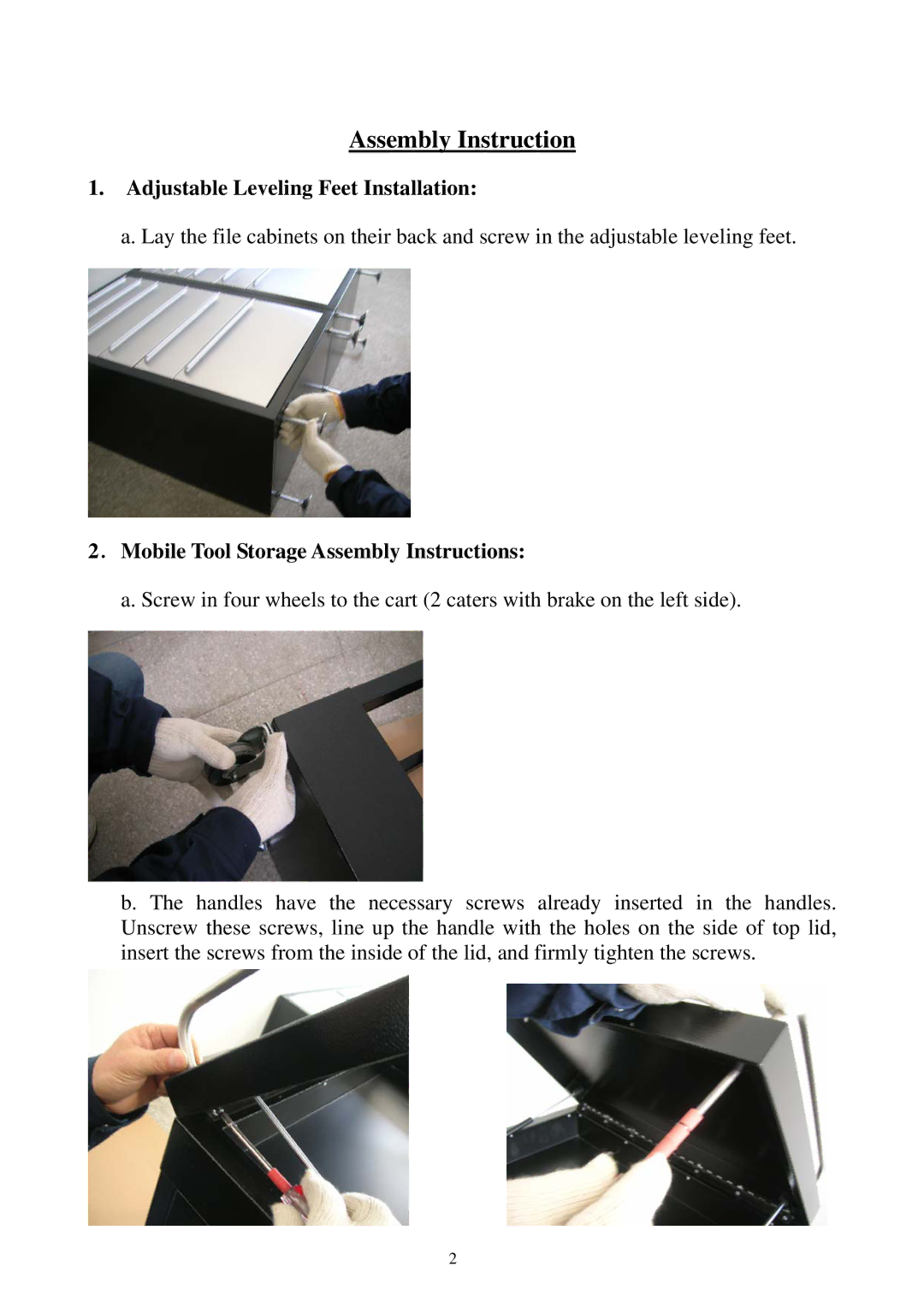 Nexgrill 960-0009 owner manual Adjustable Leveling Feet Installation, ．Mobile Tool Storage Assembly Instructions 