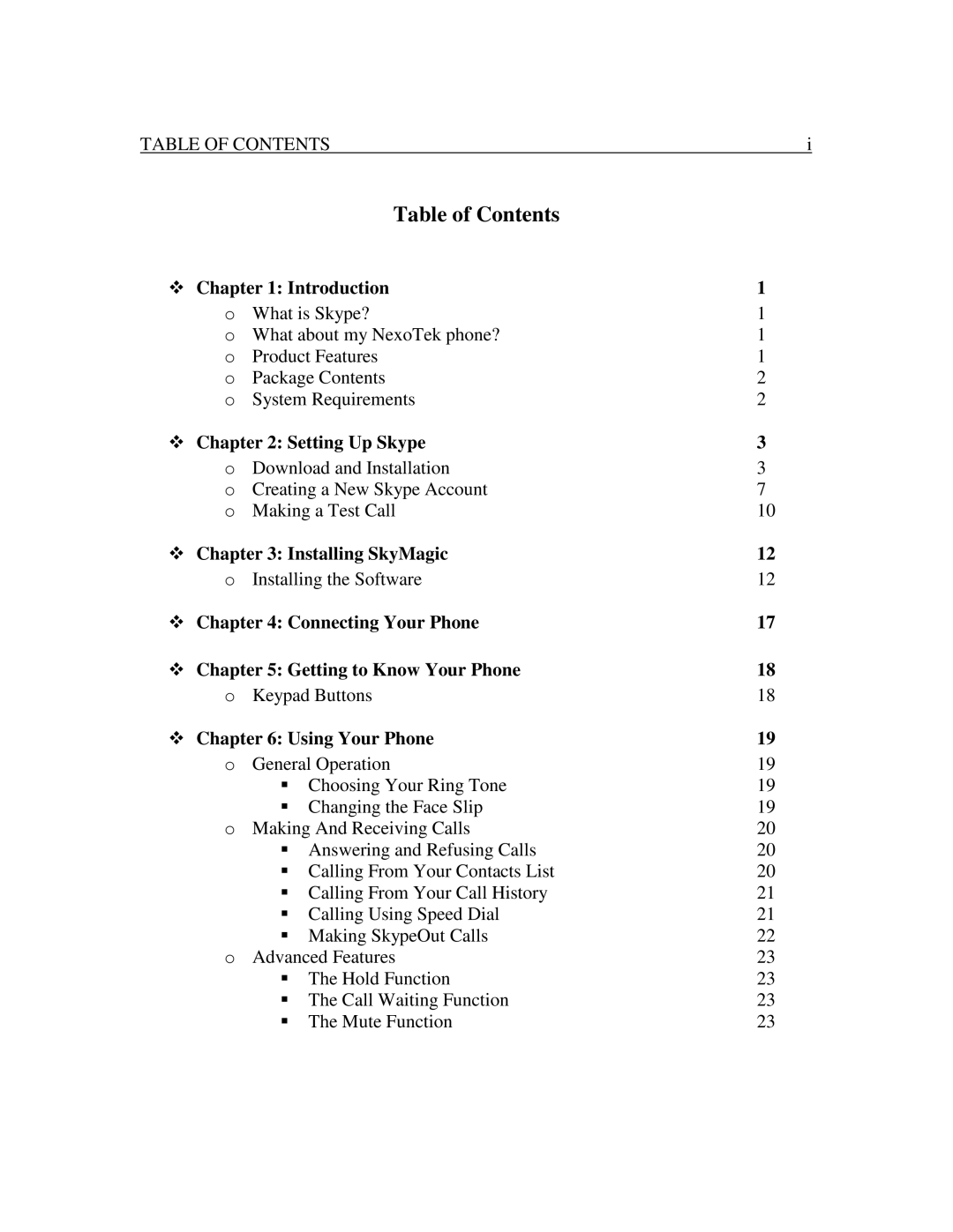 Nexotek NT-P600S manual TableofContents 