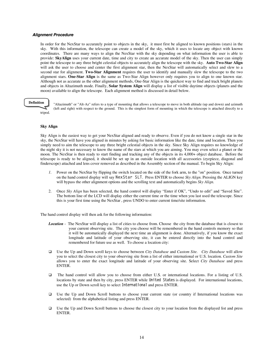 Nexstar 114, 60, 80, 102, 130 manual Alignment Procedure, Sky Align 
