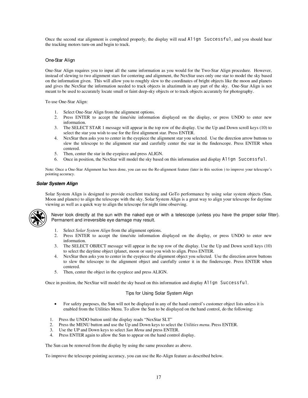 Nexstar 102, 60, 80, 130, 114 manual One-Star Align, Tips for Using Solar System Align 