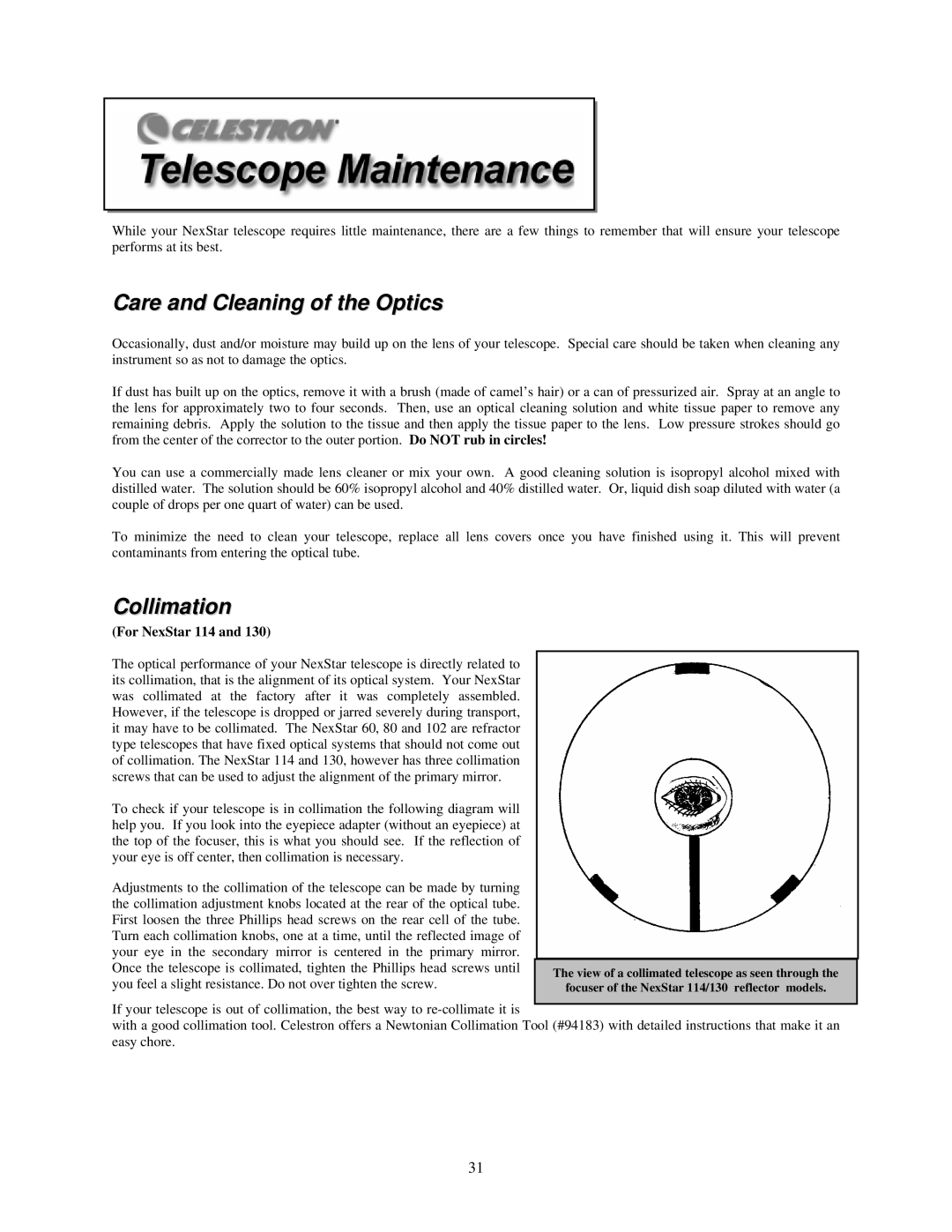 Nexstar 80, 60, 102, 130 manual Care and Cleaning of the Optics, Collimation, For NexStar 114 