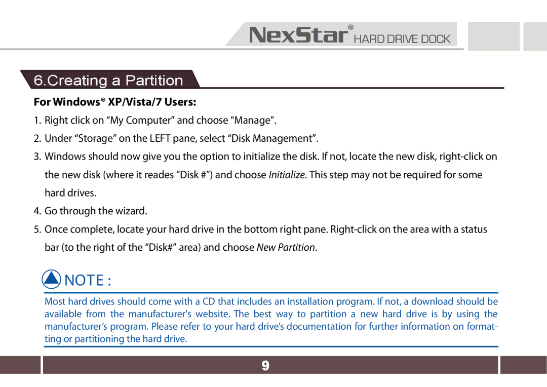 Nexstar 7650 user manual Creating a Partition, For Windows XP/Vista/7 Users 