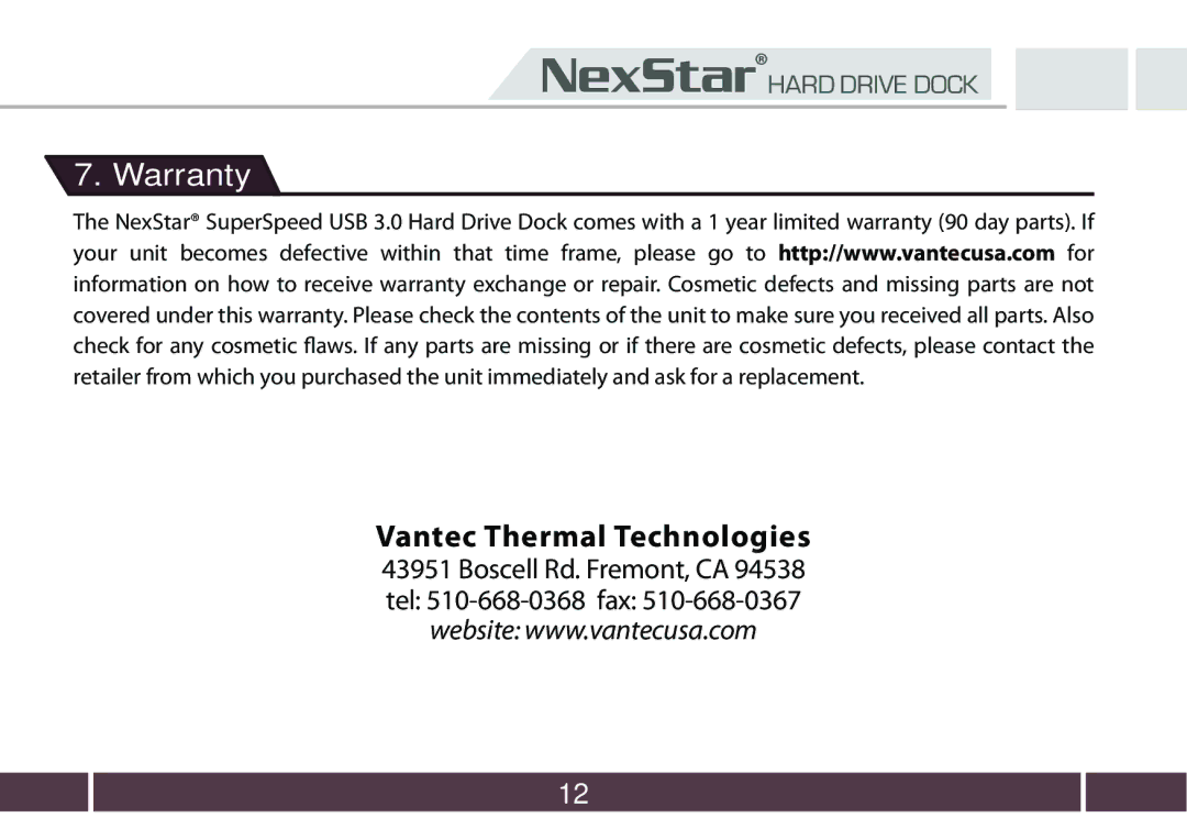 Nexstar 7650 user manual Warranty 