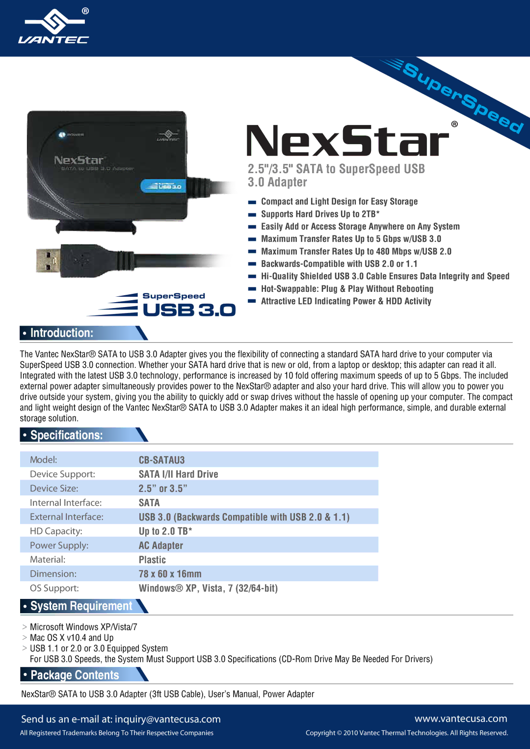 Nexstar CB-SATAU3 specifications Introduction, Specifications, System Requirement, Package Contents 