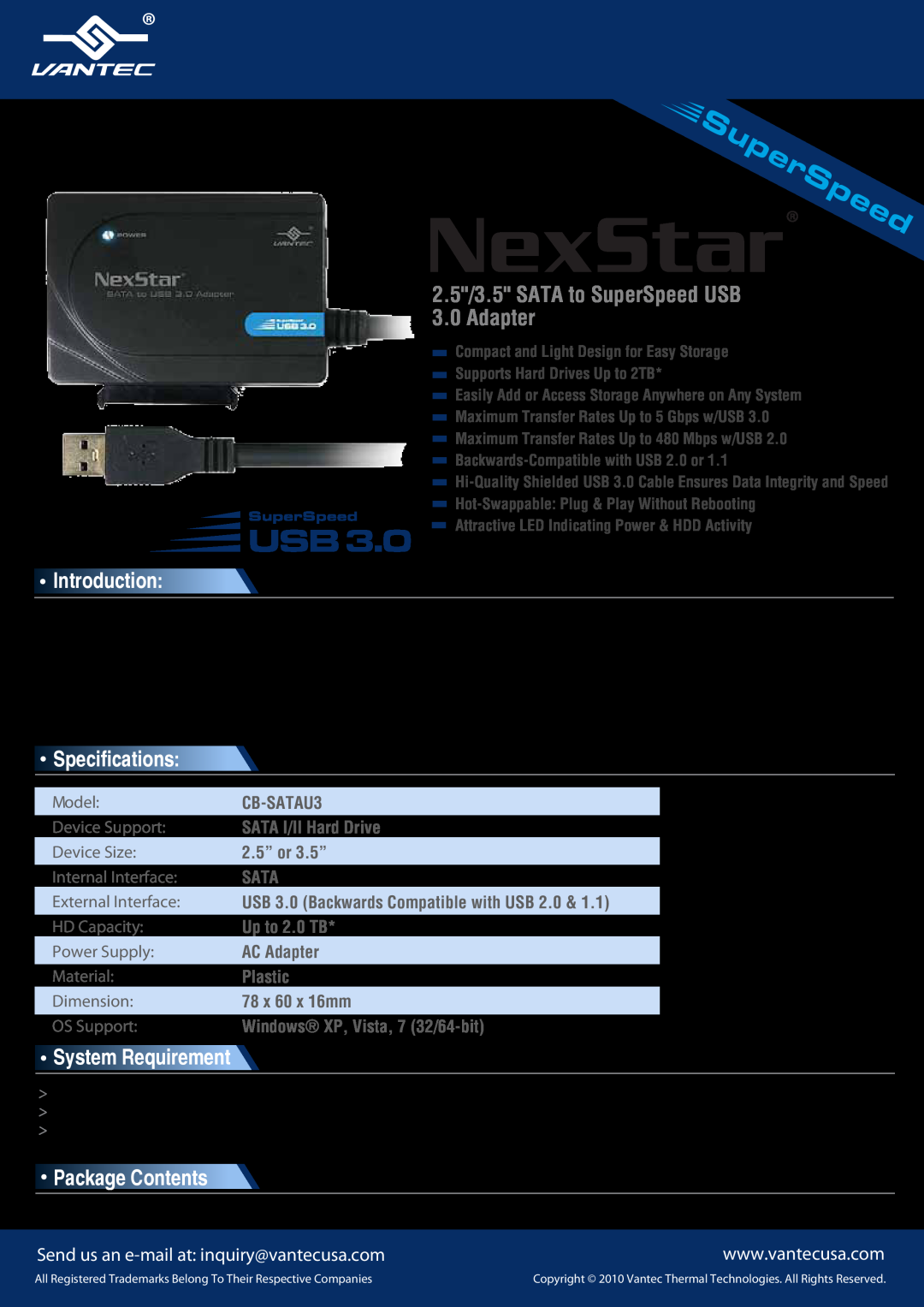 Nexstar CB-SATAU3 specifications 2.5/3.5 SATA to SuperSpeed USB 3.0 Adapter, Introduction, Specifications, 2.5” or 3.5” 