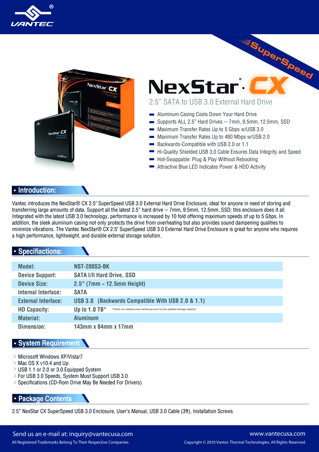 Nexstar NST-200S3-BK specifications 2.5” SATA to USB 3.0 External Hard Drive, Introduction, Specifiactions 