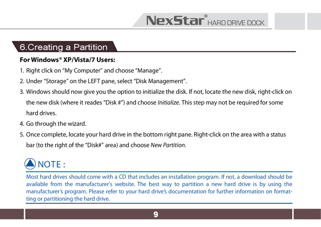 Nexstar NST-D300S3-BK user manual Creating a Partition, For Windows XP/Vista/7 Users 