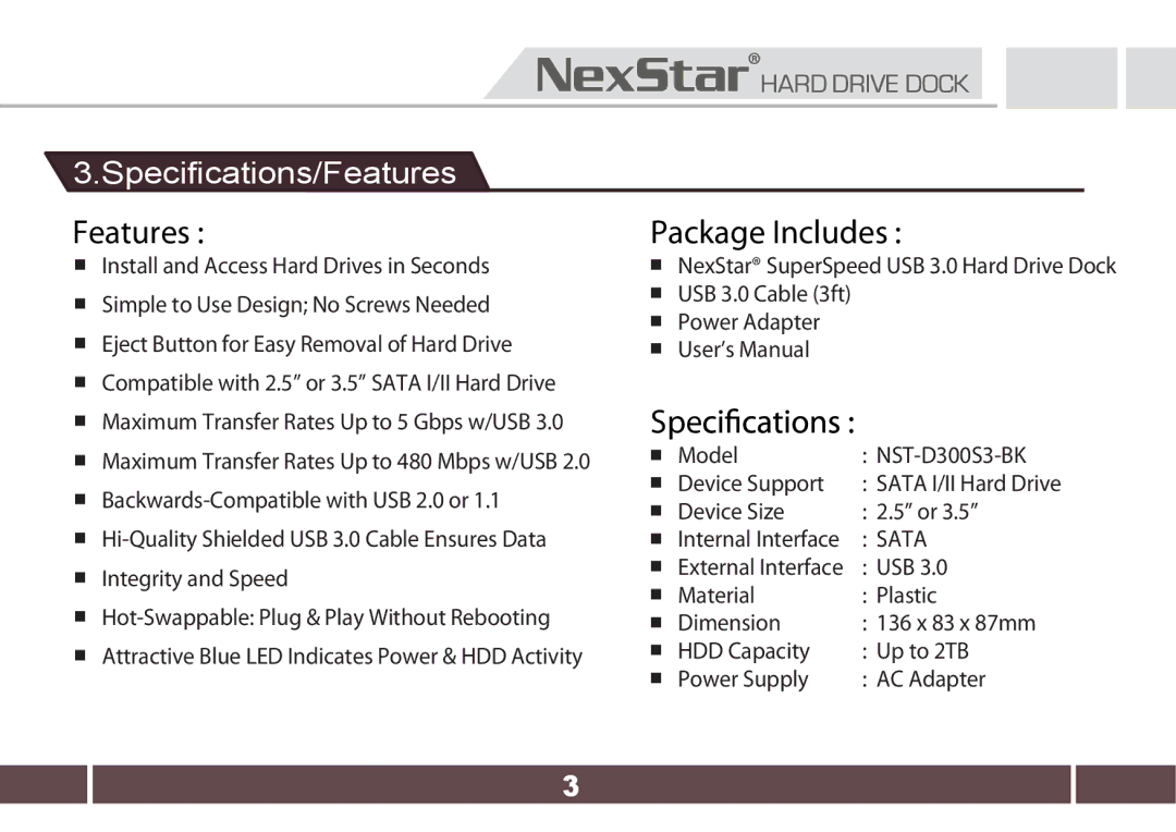 Nexstar NST-D300S3-BK user manual Specifications/Features 