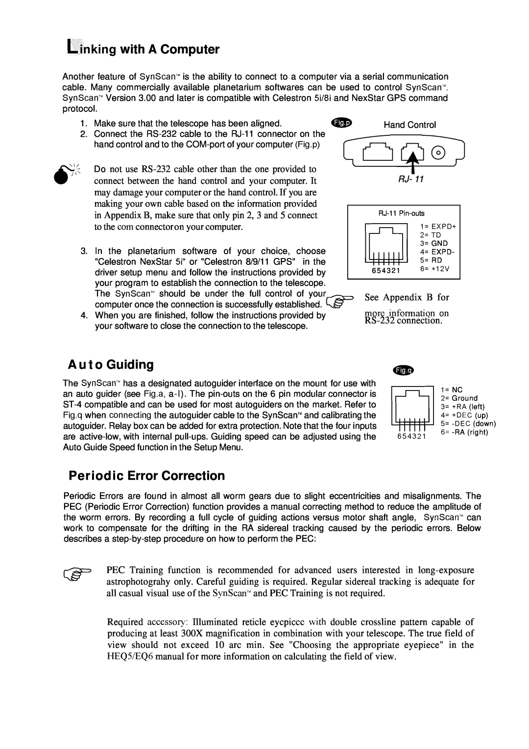 Nexstar SynScan instruction manual Linking with A Computer, A u t o Guiding, Periodic Error Correction, C b 