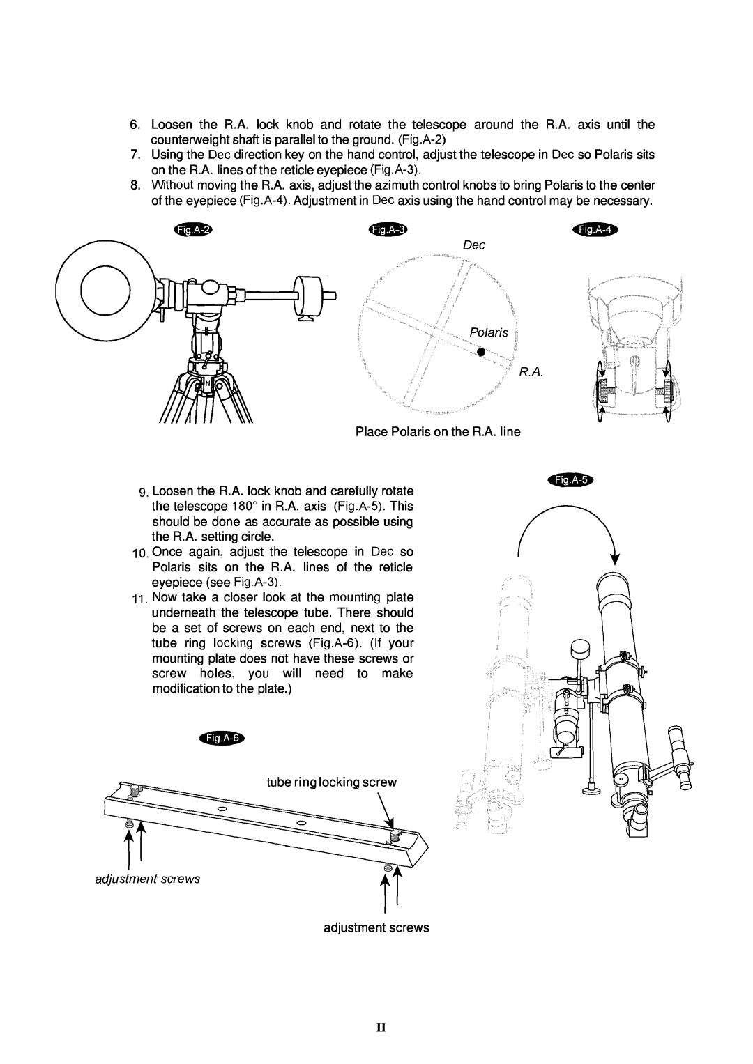 Nexstar SynScan instruction manual Place Polaris on the R.A. line, tube ring locking screw, adjustment screws 