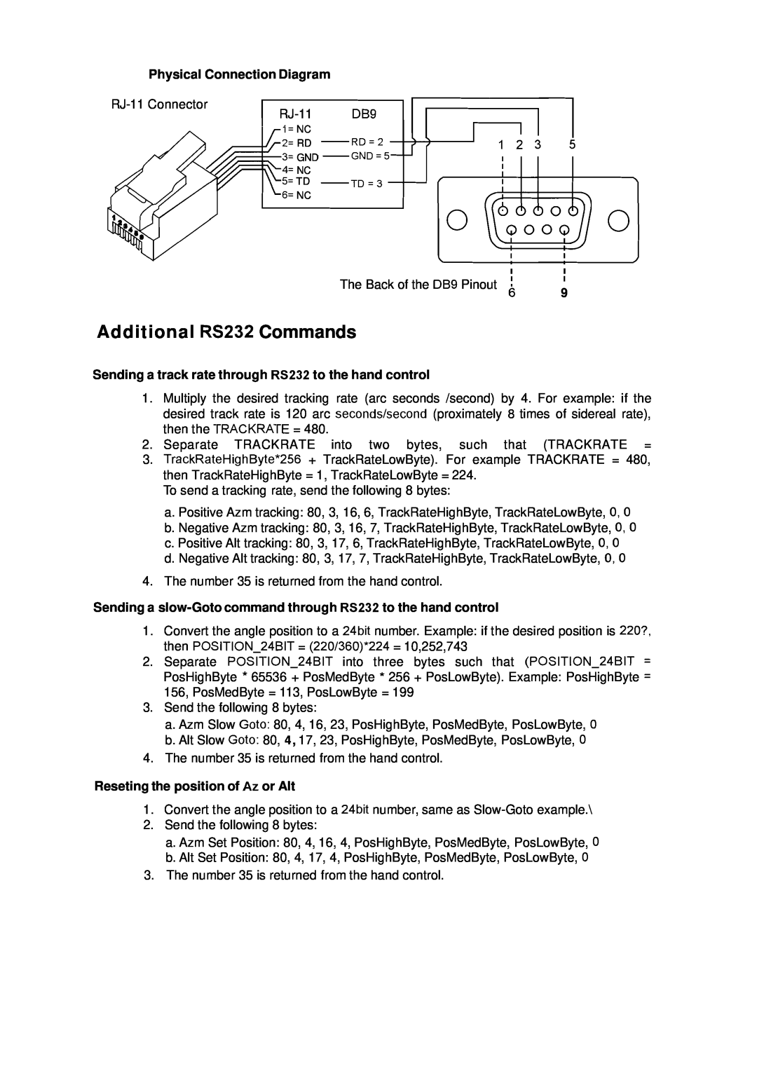 Nexstar SynScan Additional RS232 Commands, Physical Connection Diagram, Reseting the position of Az or Alt 