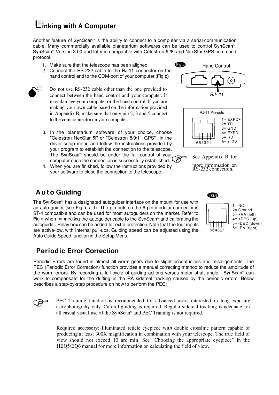 Nexstar SynScan instruction manual Linking with a Computer, T o Guiding, Periodic Error Correction 