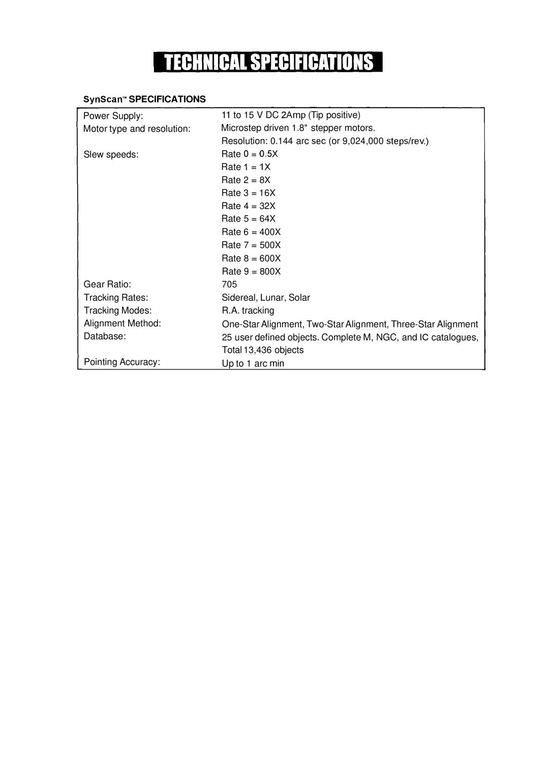 Nexstar instruction manual SynScanTwSPECIFICATIONS 