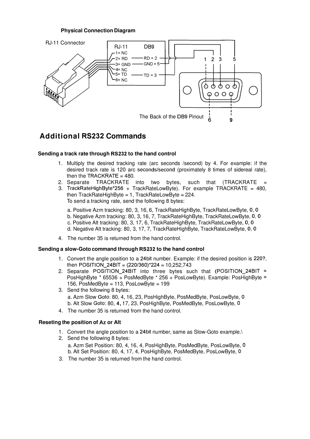 Nexstar SynScan instruction manual Additional RS232 Commands, Sending a track rate through RS232 to the hand control 