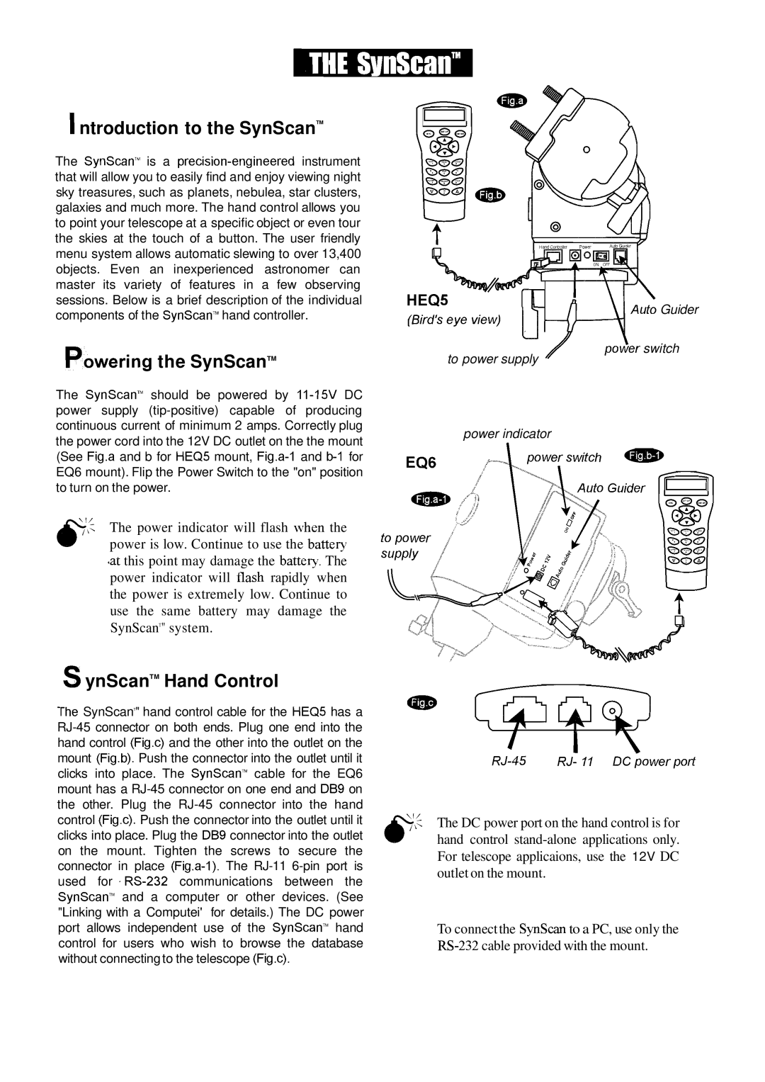 Nexstar instruction manual 1ntroduction to the SynScanTM, Powering the SynScanTM, SynScanTM Hand Control 