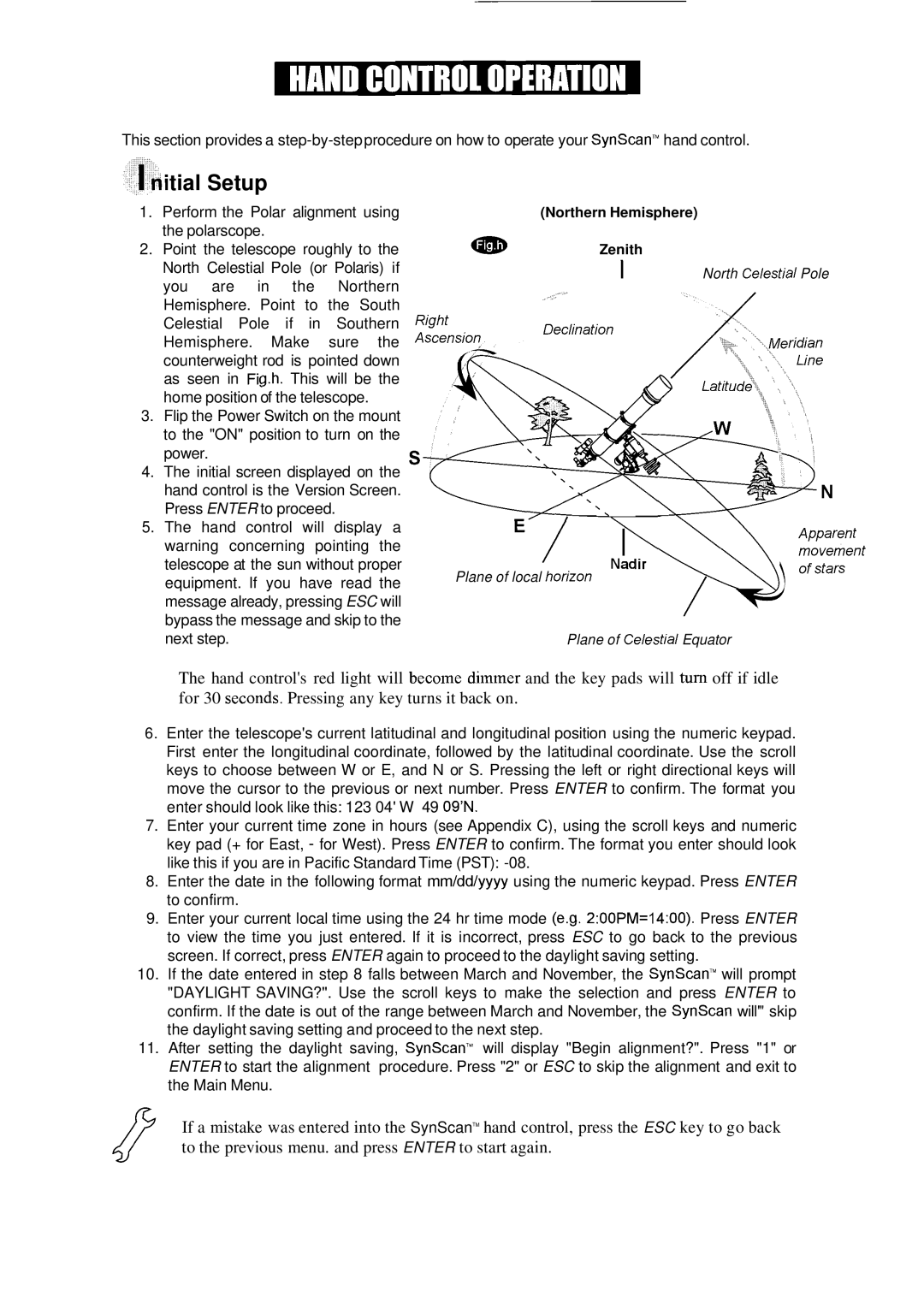 Nexstar SynScan instruction manual Aid, Tial Setup 