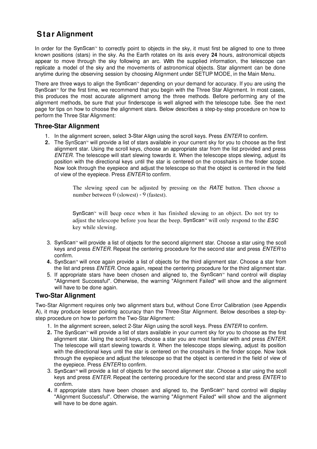 Nexstar SynScan instruction manual Star ~ l i ~ n r n e n t, Three-Star Alignment, Two-Star Alignment 