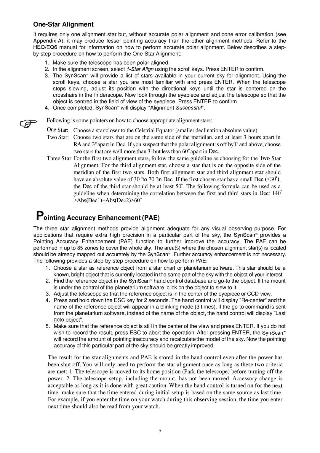 Nexstar SynScan instruction manual One-Star Alignment, Pointing Accuracy Enhancement PAE 