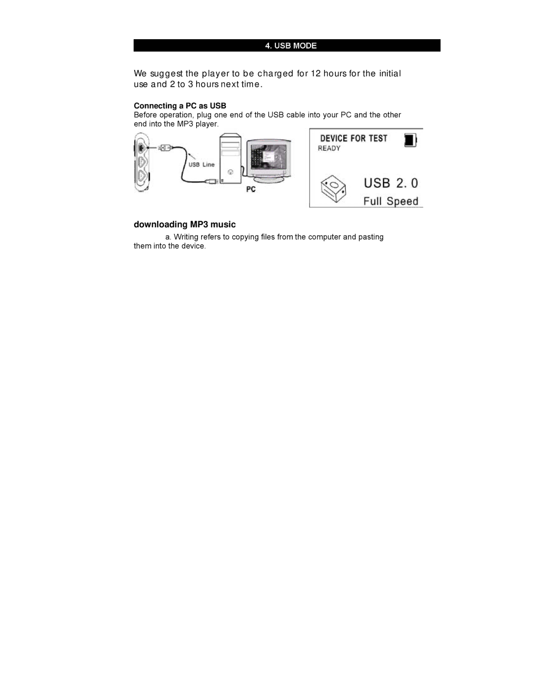 Nextar Digital MP3 Player manual Downloading MP3 music, Connecting a PC as USB 