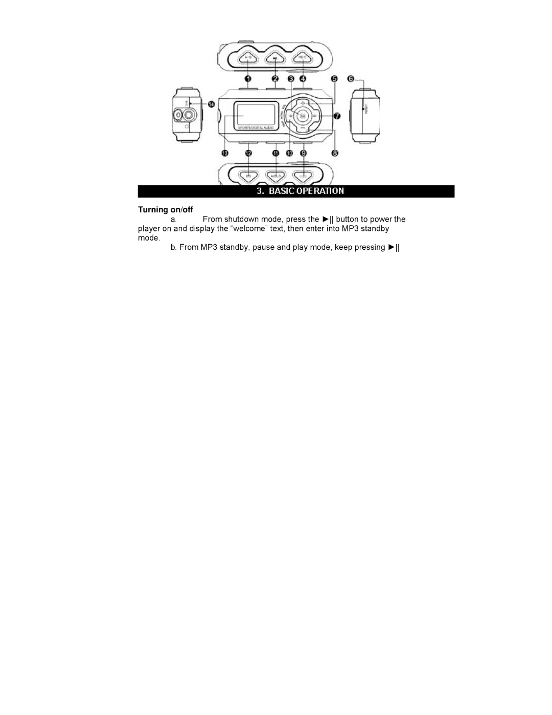 Nextar Digital MP3 Player manual Turning on/off 