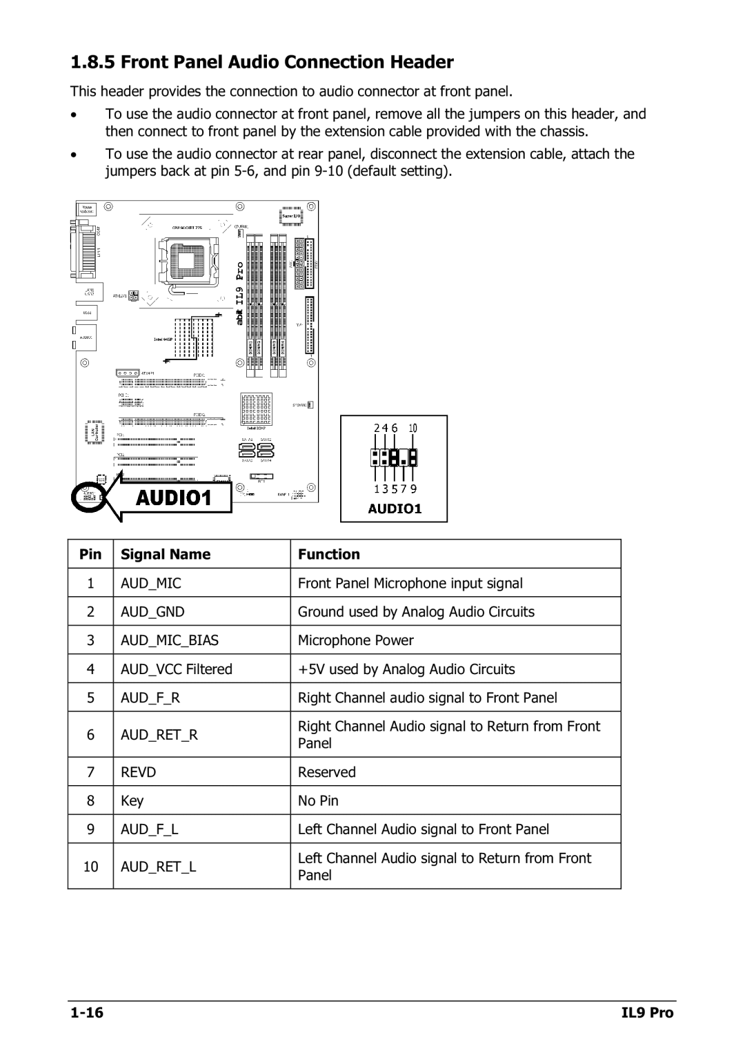 Nextar IL9 PRO appendix Front Panel Audio Connection Header 