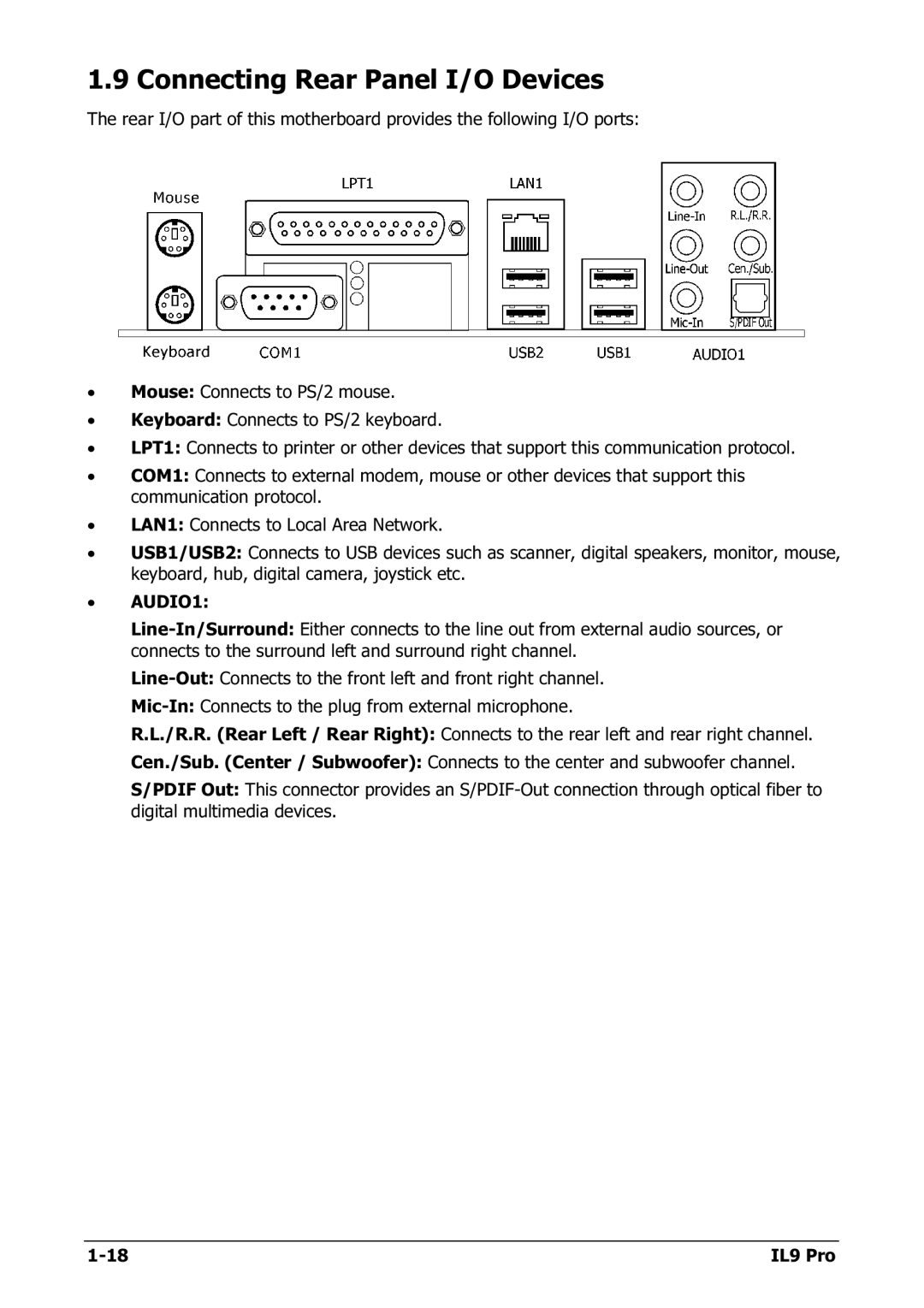 Nextar IL9 PRO appendix Connecting Rear Panel I/O Devices, AUDIO1 