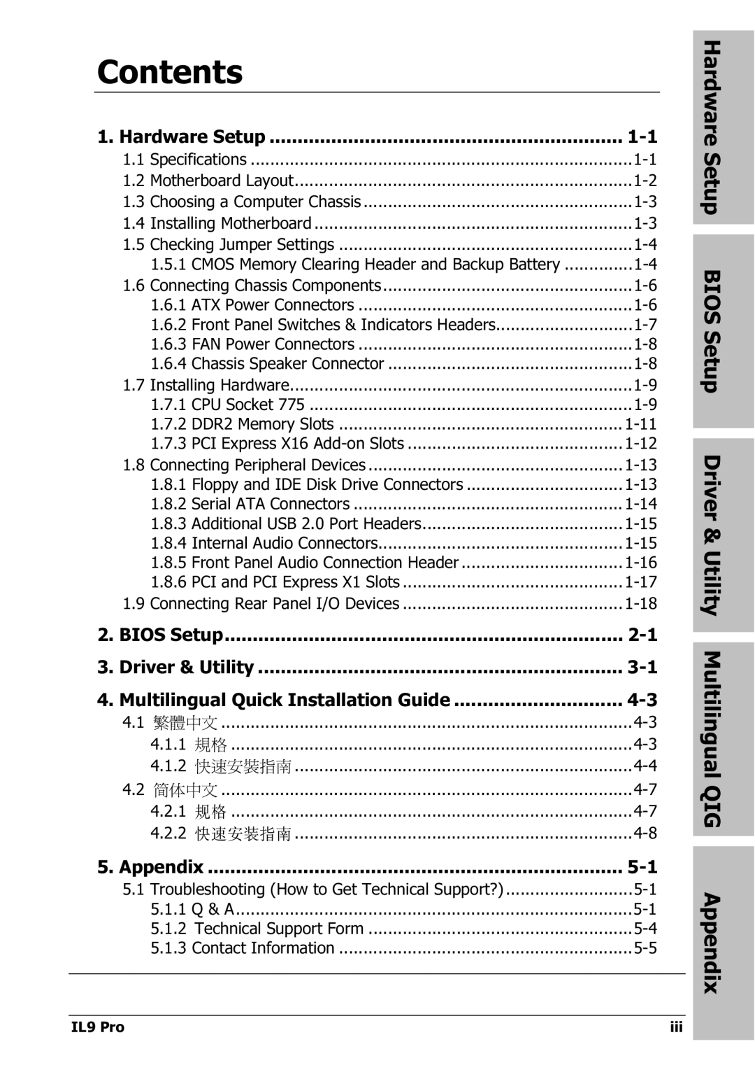 Nextar IL9 PRO appendix Contents 