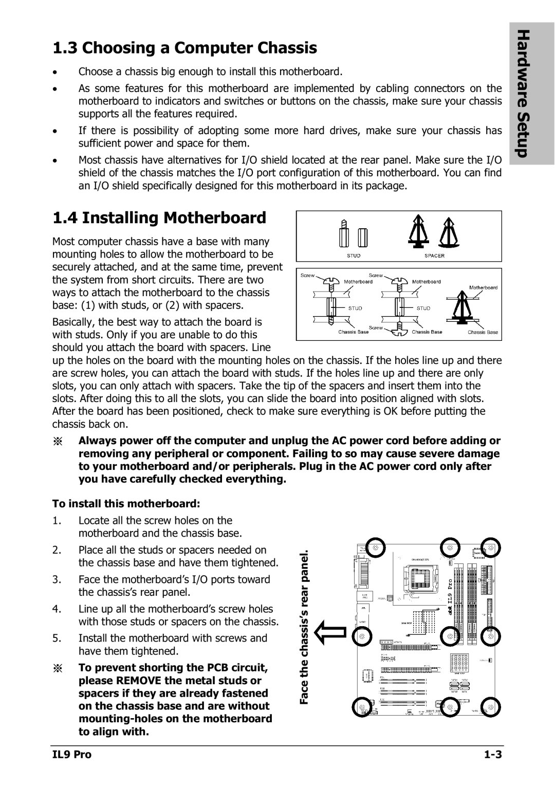 Nextar IL9 PRO appendix Choosing a Computer Chassis, Installing Motherboard 