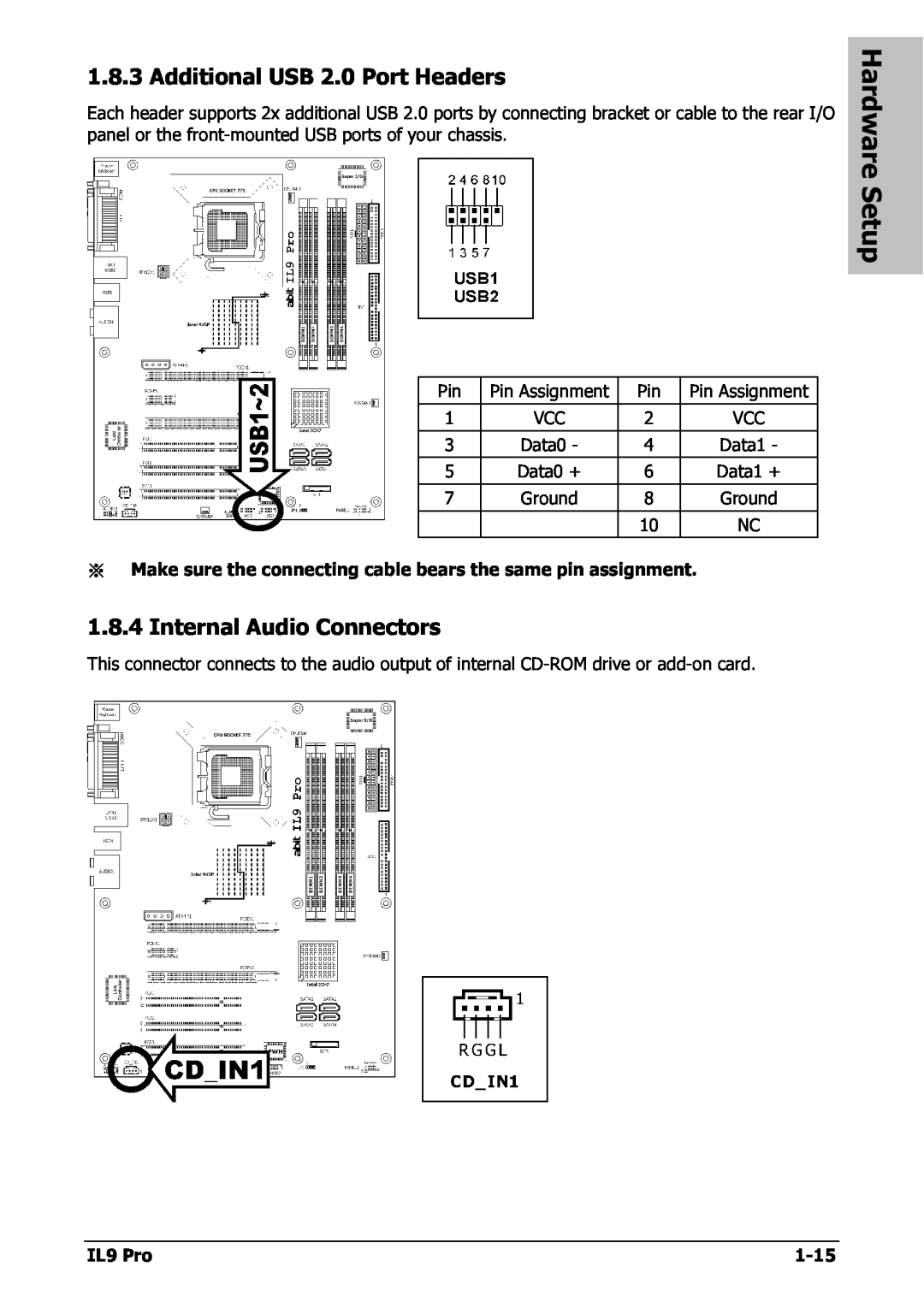 Nextar IL9 PRO appendix Hardware Setup, Additional USB 2.0 Port Headers, Internal Audio Connectors 