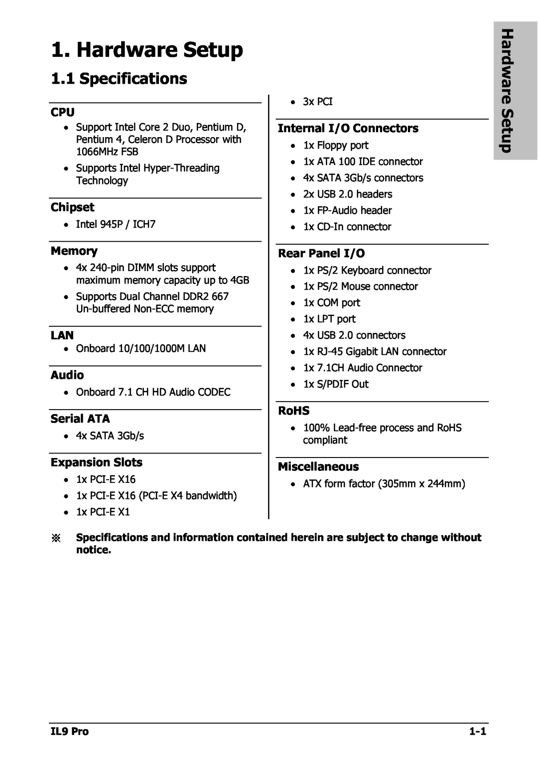Nextar IL9 PRO appendix Hardware Setup, Specifications 