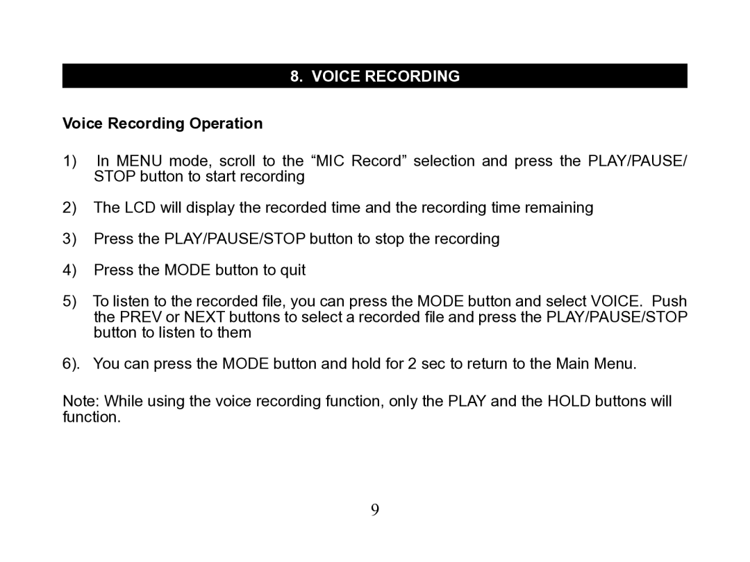 Nextar MA110 instruction manual Voice recording, Voice Recording Operation 